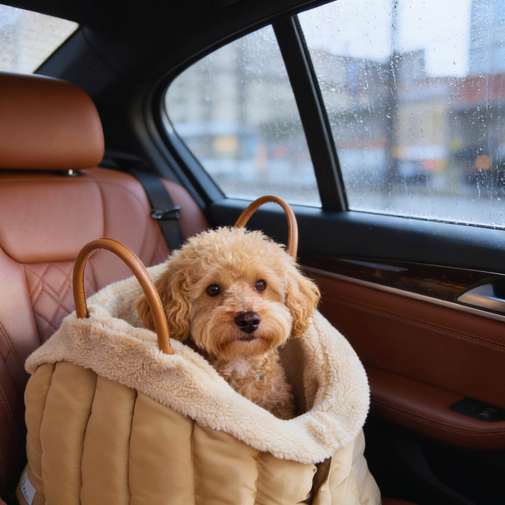 Dog in car sanctuary travel nest carrier sitting in a car on a rainy day