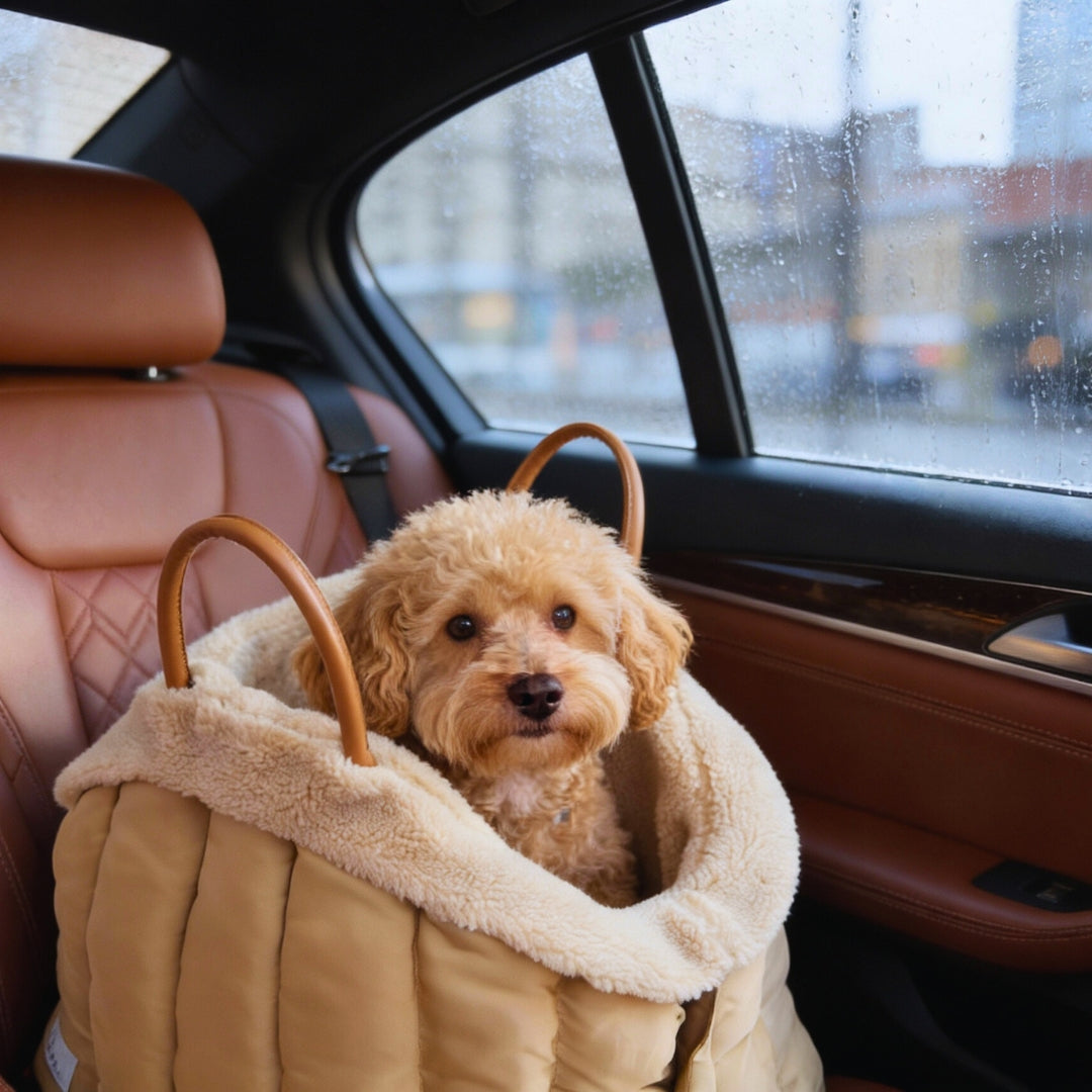 Dog in car sanctuary travel nest carrier sitting in a car on a rainy day
