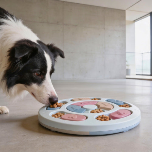 Dog interacting with a colorful congnitive enrichment puzzle feeder