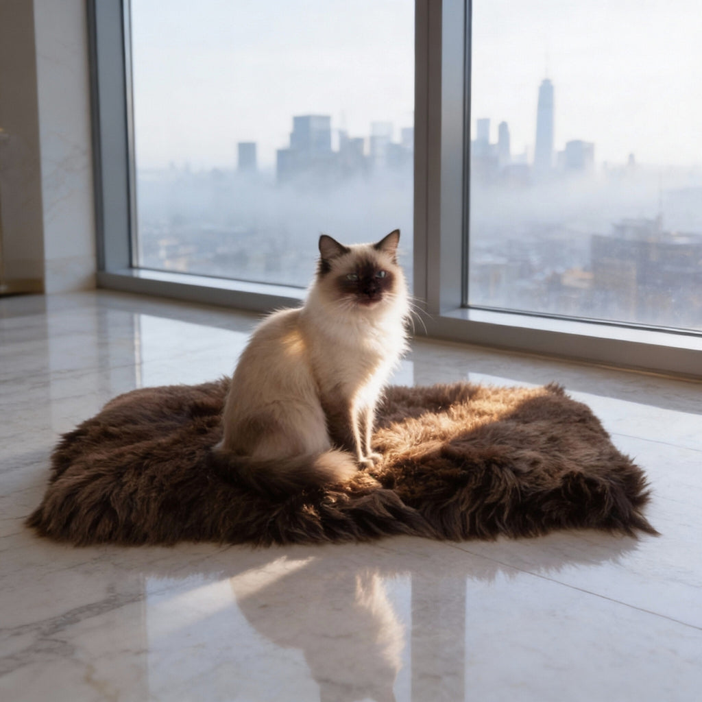 Cat sitting on a Natural Sheepskin mat in a room with large windows overlooking a cityscape.
