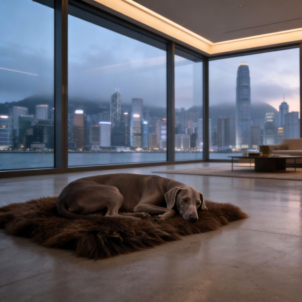 Dog lying on a Natural Sheepskin Sanctuary Mat in Brown currated by URBAÈ , showing the plush texture of vegetable-tanned wool for premium pet wellness.