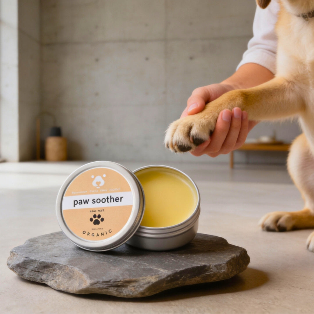 Restorative Paw soother for dogs with a person holding a dog's paw and a container of paw soother on a stone surface.