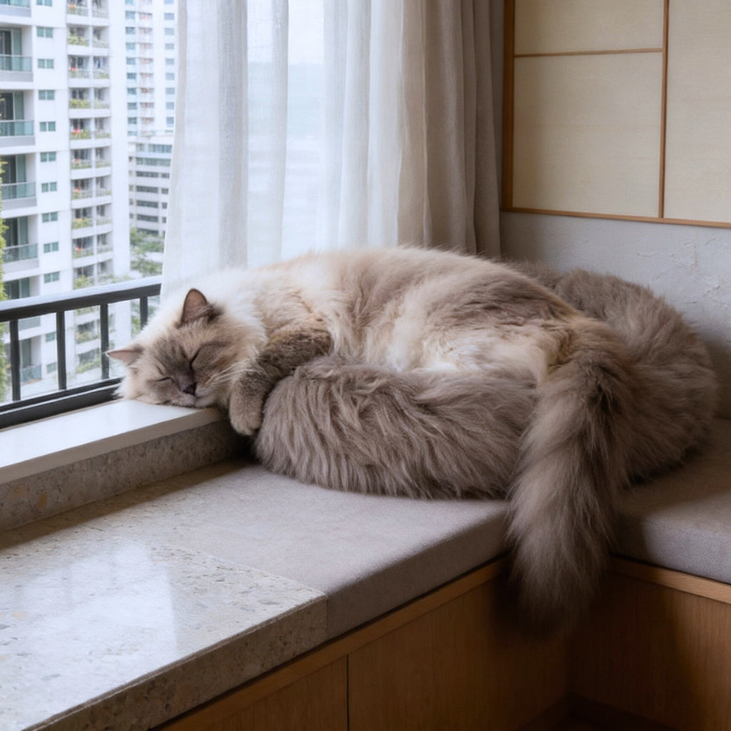 Fluffy cat sleeping on a round natural sheepskin nest on a windowsill with cityscape view