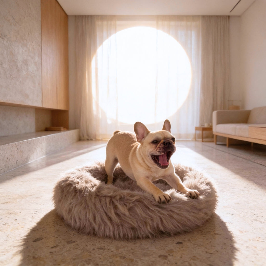 A French Bulldog stretching and yawning while waking up in the round greige natural sheepskin bed.