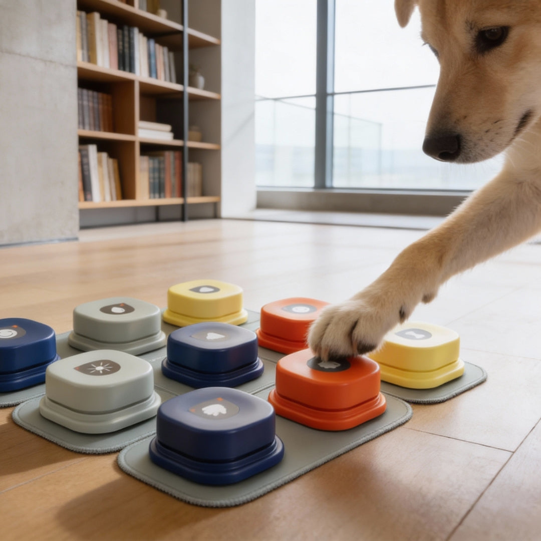 Dog interacting with the Talking Button Set