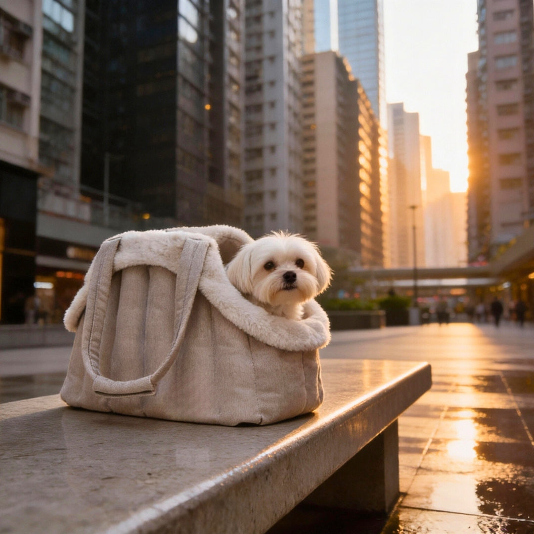 Small white dog in an urban mobility carrier on a city street with tall buildings in the background.